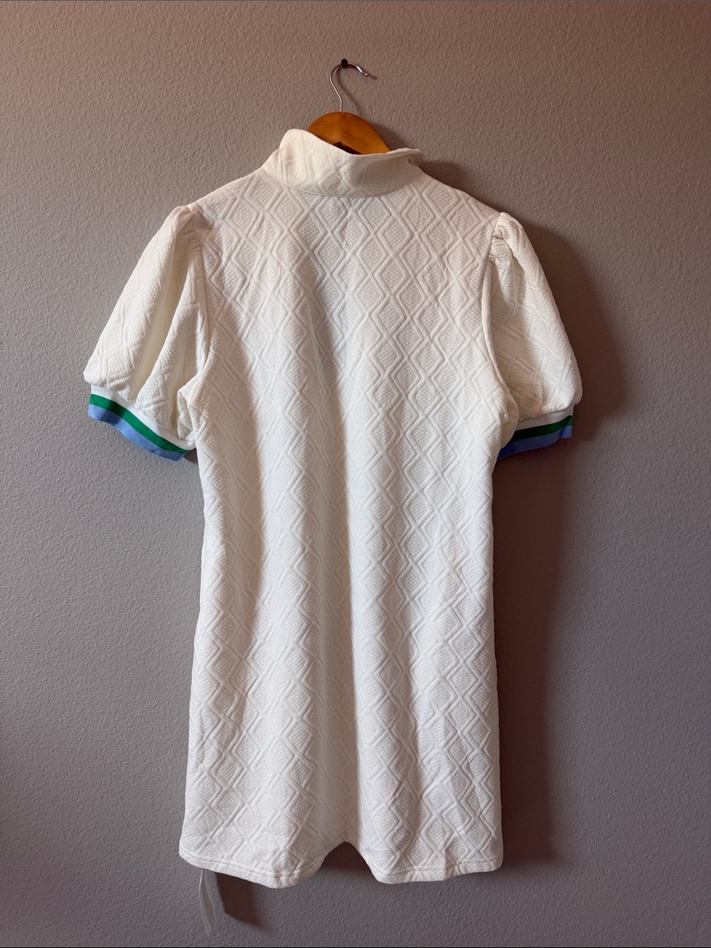White Textured Polo Dress with Green & Blue Trim - Picture 2 of 3